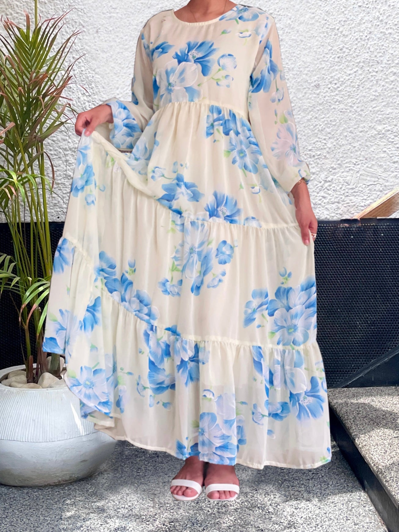 Blue and White Printed Long Frock, Flowy and Graceful.