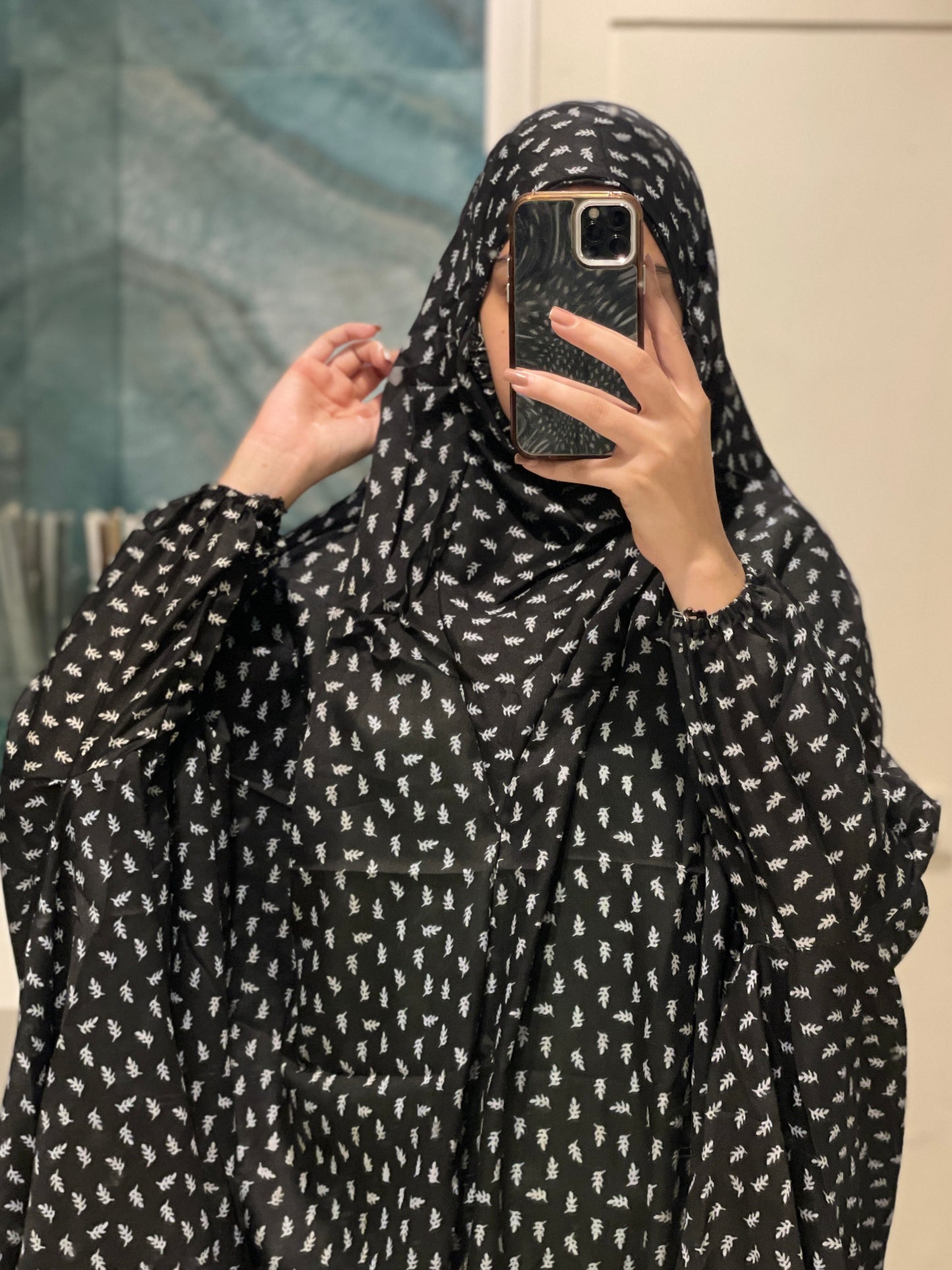 Black with white Printed Namaz Chadar with sleeves - Light Weight Namaz Chadar with Sleeves.