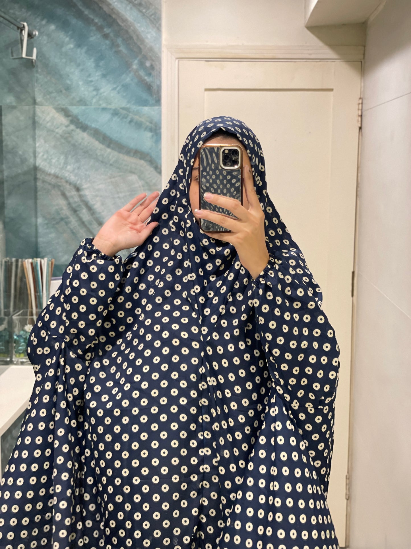 Blue Polka Dots Printed Namaz Chadar with sleeves - Light Weight Namaz Chadar with Sleeves.