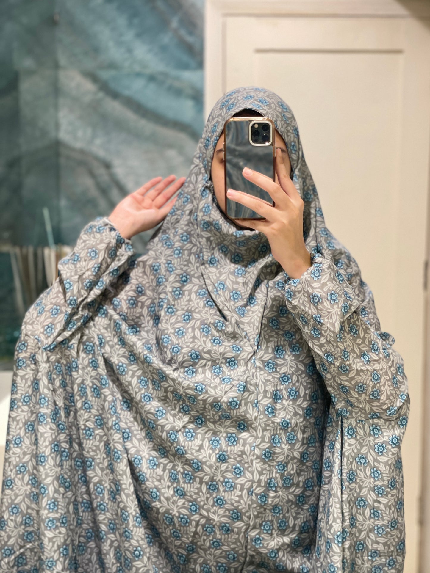 Grey and Blue Printed Namaz Chadar with sleeves - Light Weight Namaz Chadar with Sleeves.