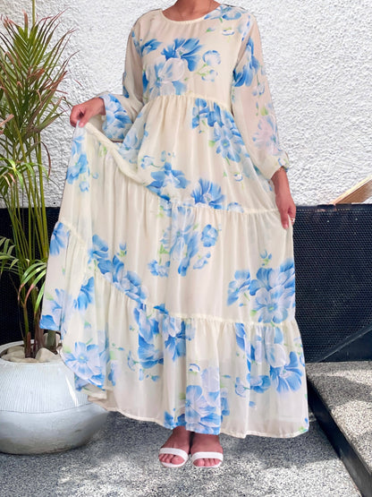 Blue and White Printed Long Frock, Flowy and Graceful.