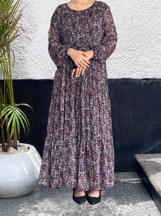 Black and Purple Printed Long Frock, Flowy and Graceful.