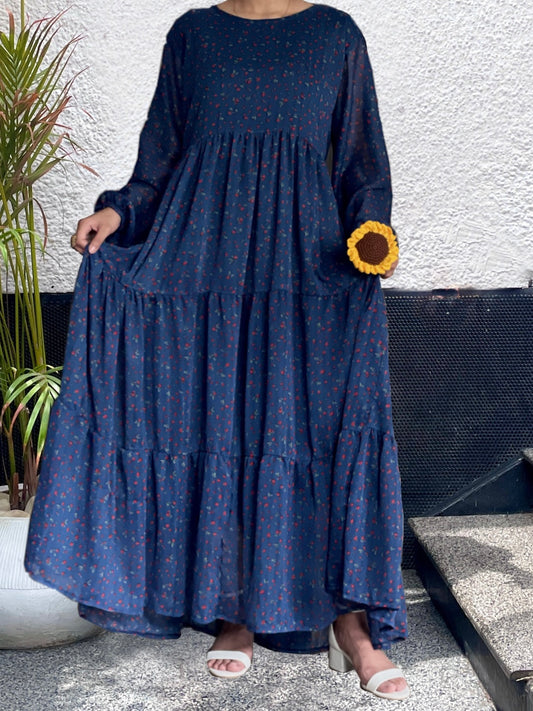 Blue Printed Long Frock, Flowy and Graceful.