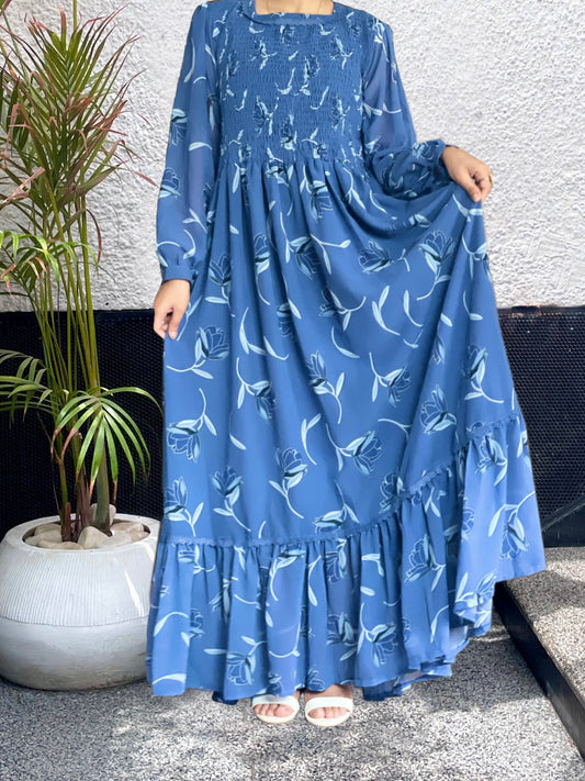 Blue Stripped Printed Long Frock, Flowy and Graceful.