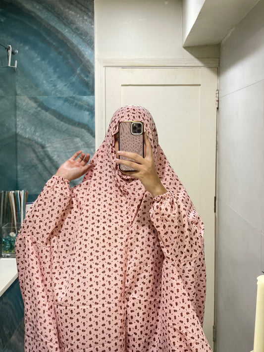 Pink Floral Printed Namaz Chadar with sleeves - Light Weight Namaz Chadar with Sleeves.
