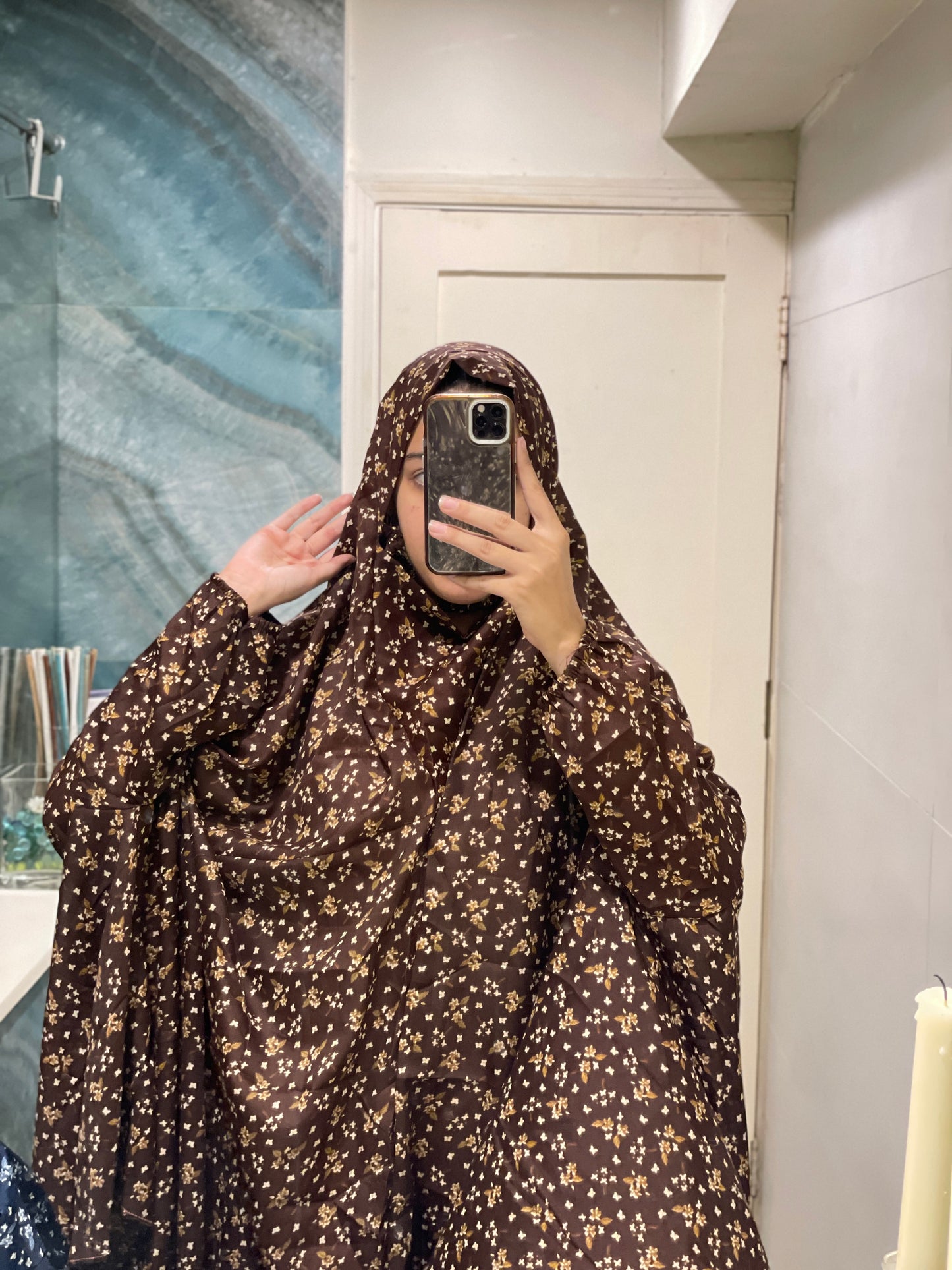 Brown Printed Namaz Chadar with sleeves - Light Weight Namaz Chadar with Sleeves.