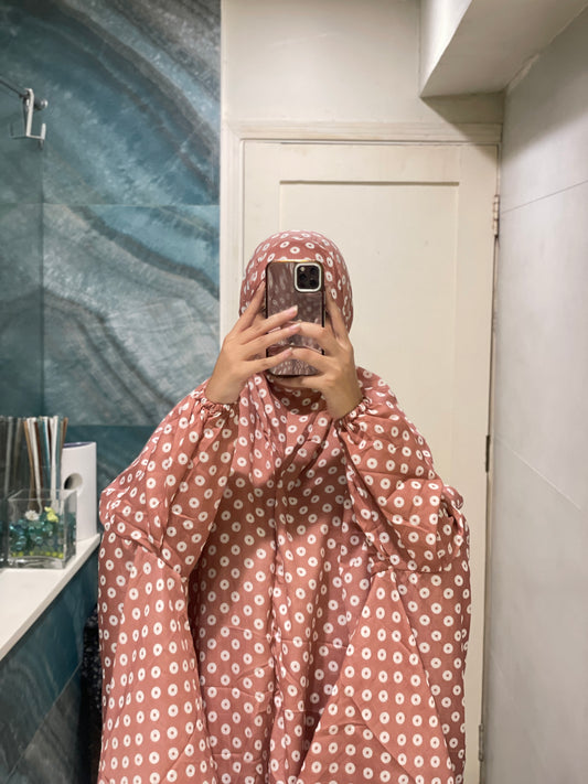 Tea Pink Polka Dots Printed Namaz Chadar with sleeves - Light Weight Namaz Chadar with Sleeves.