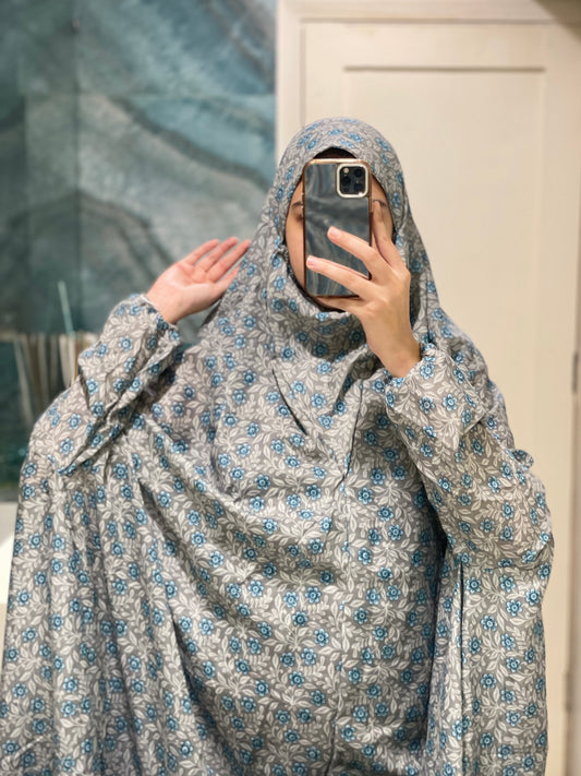 Grey and Blue Printed Namaz Chadar with sleeves - Light Weight Namaz Chadar with Sleeves.