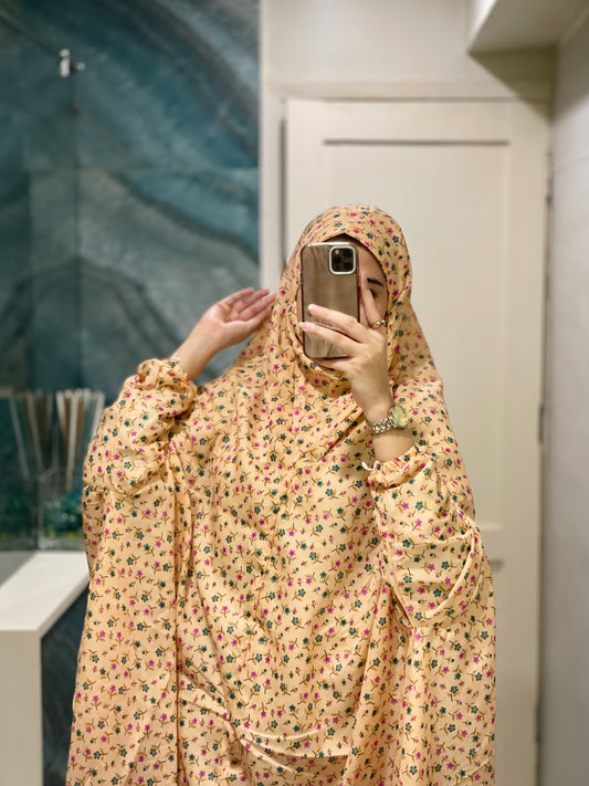 Cream Printed Namaz Chadar with sleeves - Light Weight Namaz Chadar with Sleeves.