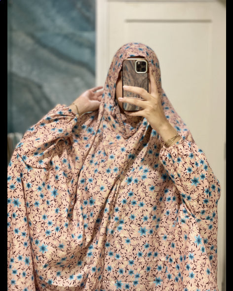 Pink and Blue Floral Printed Namaz Chadar with sleeves - Light Weight Namaz Chadar with Sleeves.