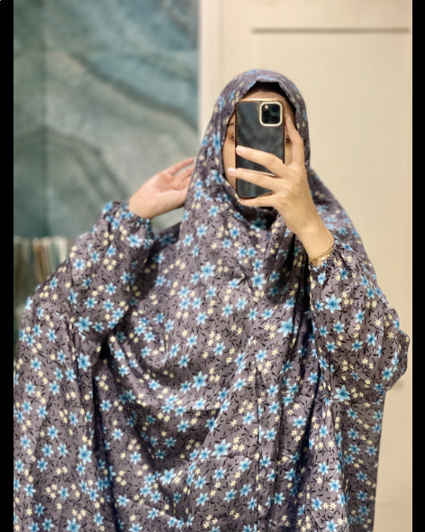 Grey and Blue Floral Printed Namaz Chadar with sleeves - Light Weight Namaz Chadar with Sleeves.