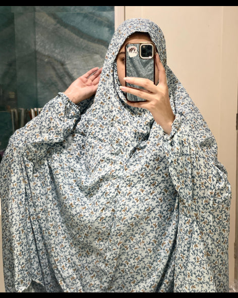 Sky blue and White Printed Namaz Chadar with sleeves - Light Weight Namaz Chadar with Sleeves.