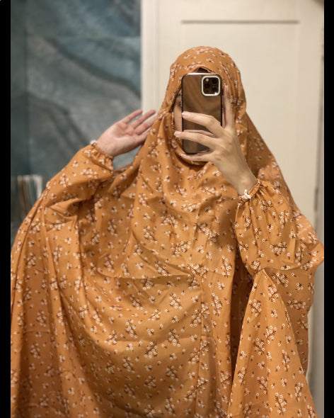 Orange and brown Printed Namaz Chadar with sleeves - Light Weight Namaz Chadar with Sleeves.